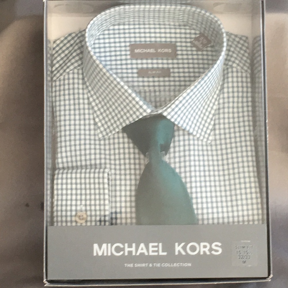 NWT MichaelKors Slim Fit Green Checker Shirt w/Tie - Picture 6 of 7